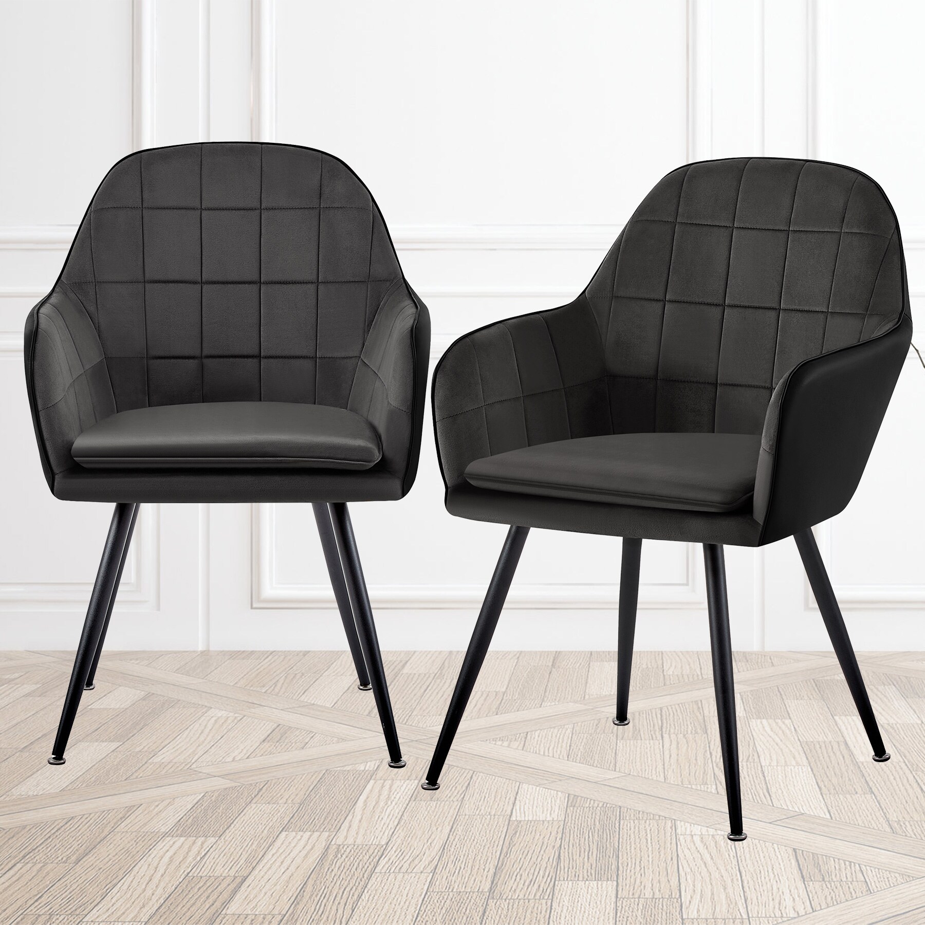 Edle Esszimmerst&uuml;hle in Steppoptik - pflegeleichte Loungesessel mit Armlehnen - gepolsterte K&uuml;chenst&uuml;hle mit abgestepptem Samtbezug - stabile St&uuml;hle Esszimmer mit Metallgestell - Bild 1