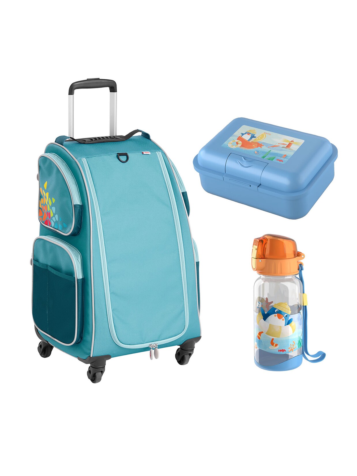 HABA Unisex Kinderkoffer Schranktrolley 4 Rollen, Brotdose und Trinkflasche 1er Pack