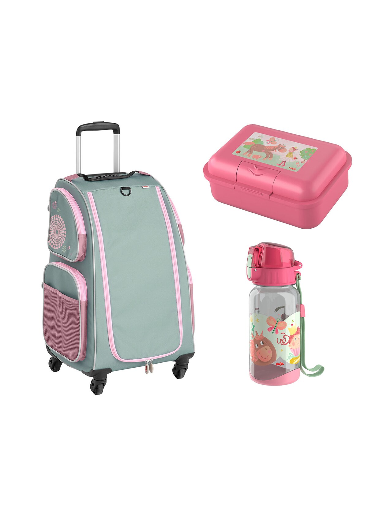 HABA Unisex Kinderkoffer Schranktrolley 4 Rollen, Brotdose und Trinkflasche 1er Pack | 04069616137728