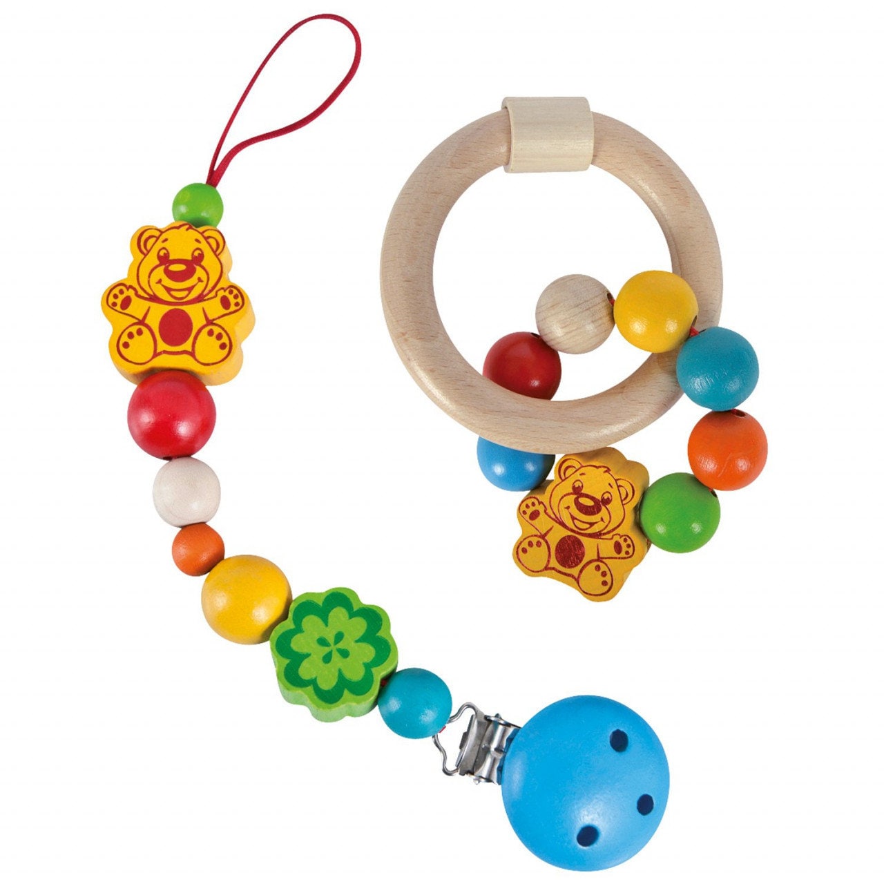 Eichhorn Baby Schnullerkette mit Clip und Bei&szlig;ring Set Holz Ring Made in Germany - Bild 1