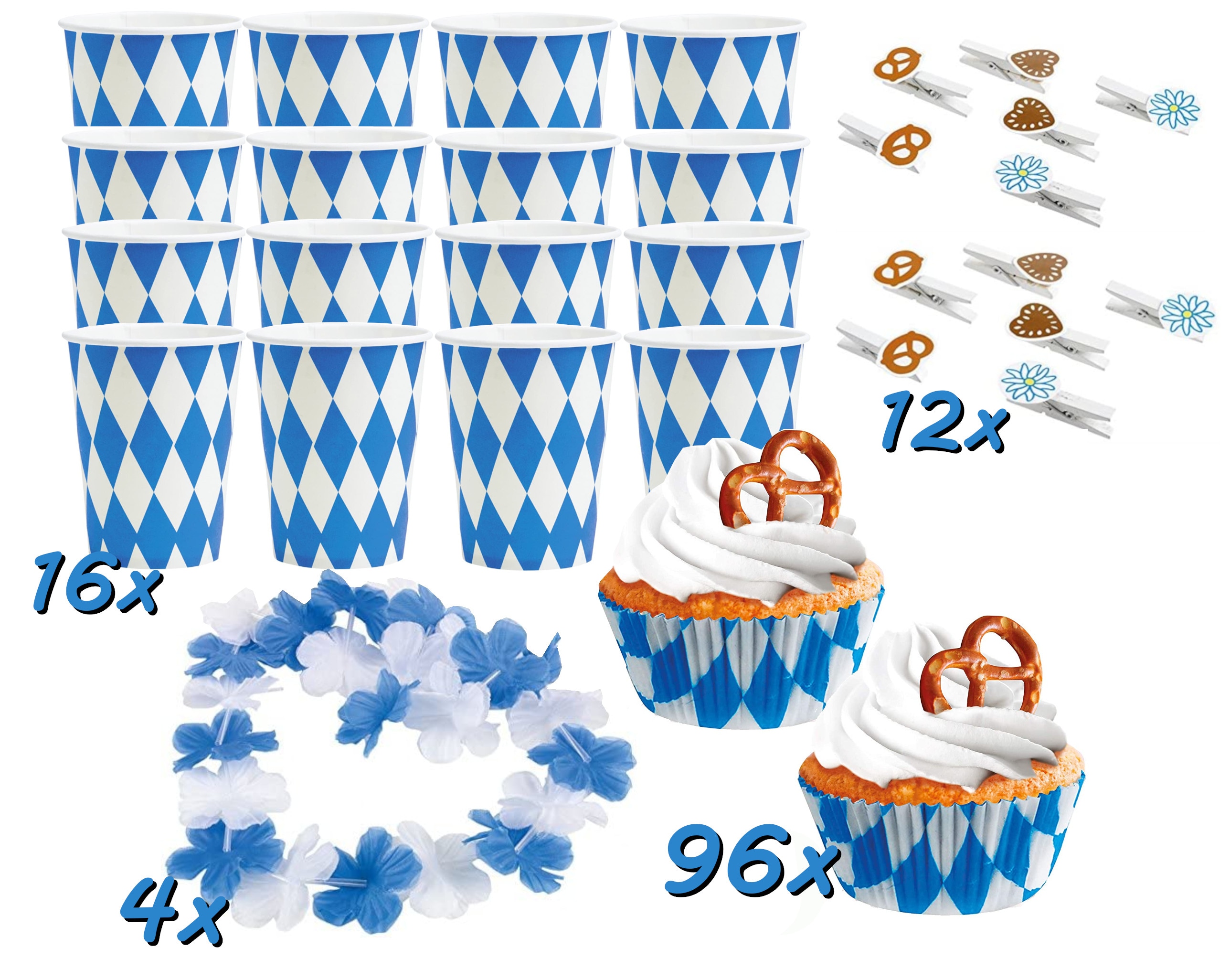 Gro&szlig;es Oktoberfest-Set (128-teilig) Pappbecher Muffinf&ouml;rmchen Deko-Klammern Dekoration - Bild 1