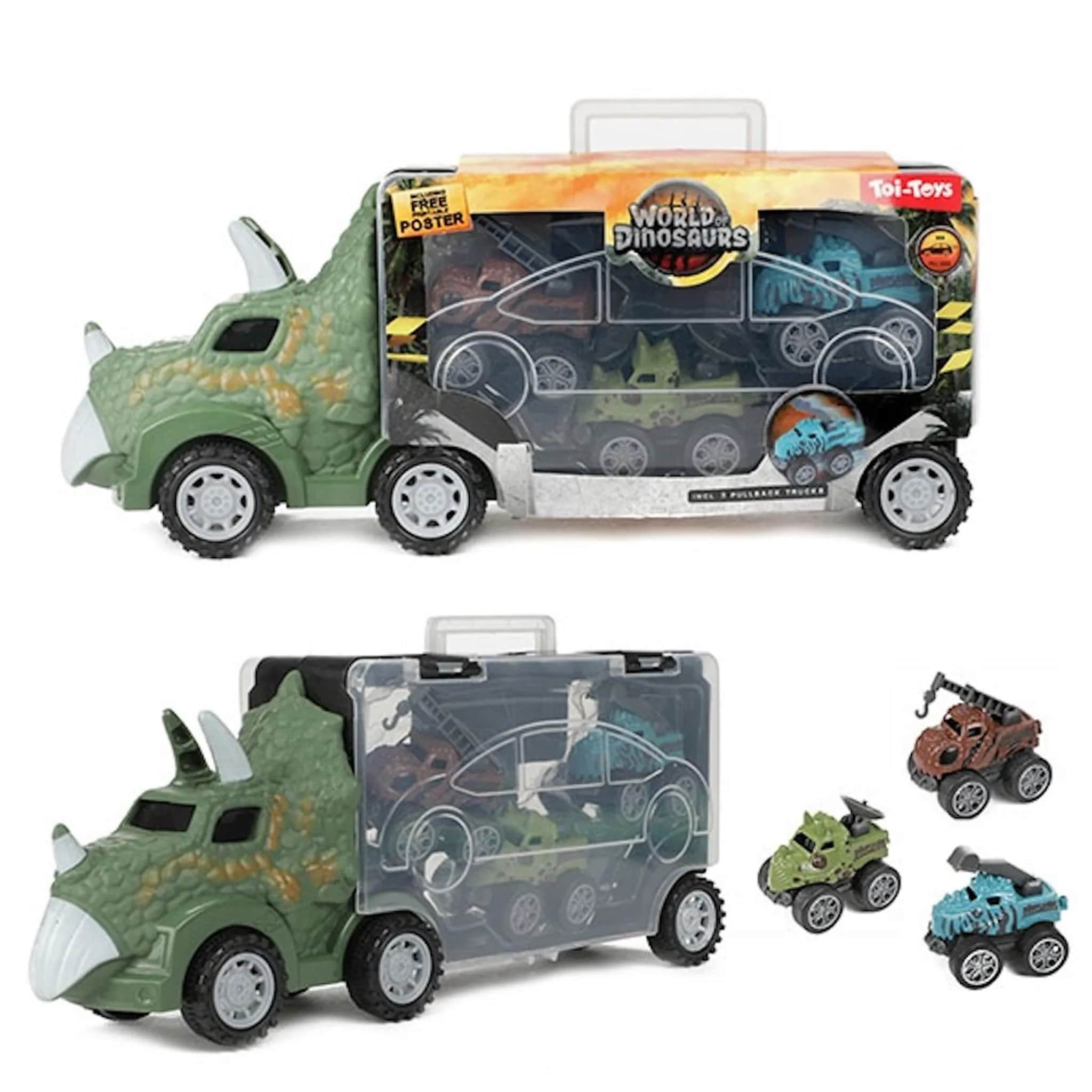 Toi-Toys - WORLD OF DINOSAURS - Dinotruck mit 3 R&uuml;ckzugautos Dinosaurier Pullback Trucks - Bild 1