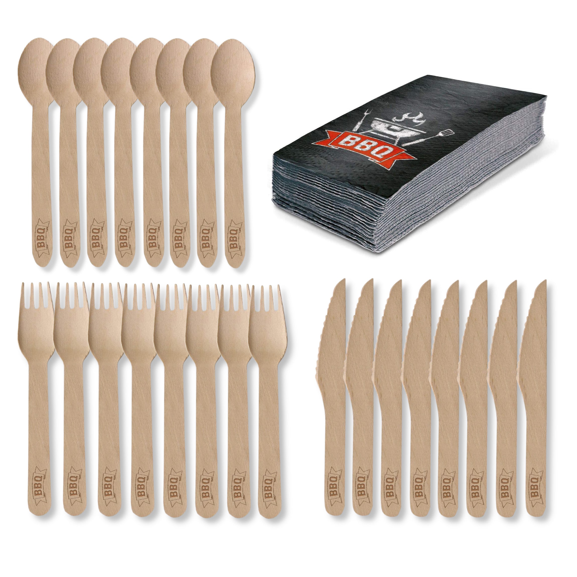Amscan - BBQ Party Set - Holz-Besteck (24 Teile) + Servietten (20 St&uuml;ck) Besteck Party grillen - Bild 1