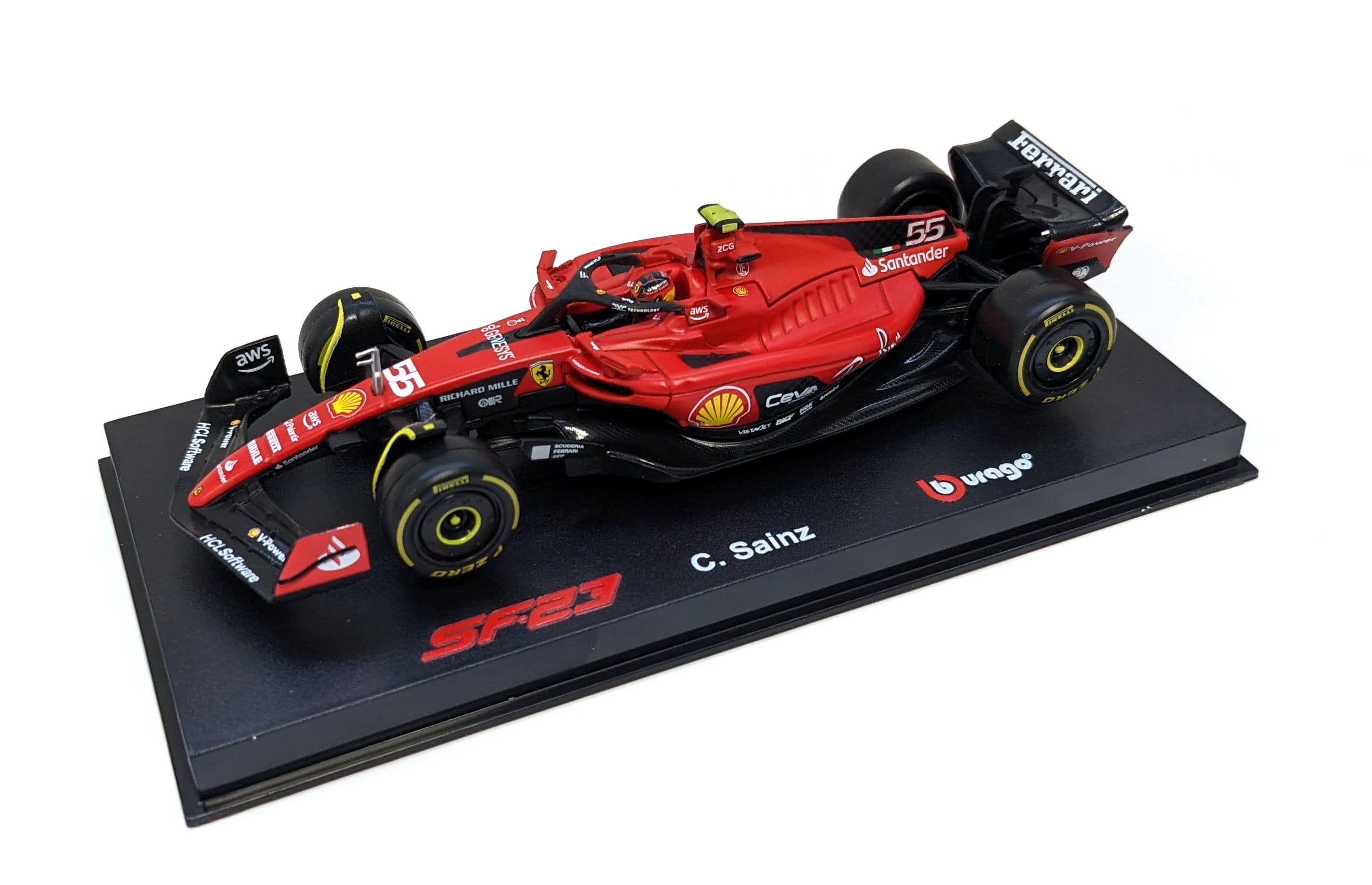 Bburago 18-36835S - Modellauto - F1 Ferrari SF-23 #55 Sainz (mit Helm, Ma&szlig;stab 1:43) Formel 1 Auto - Bild 1