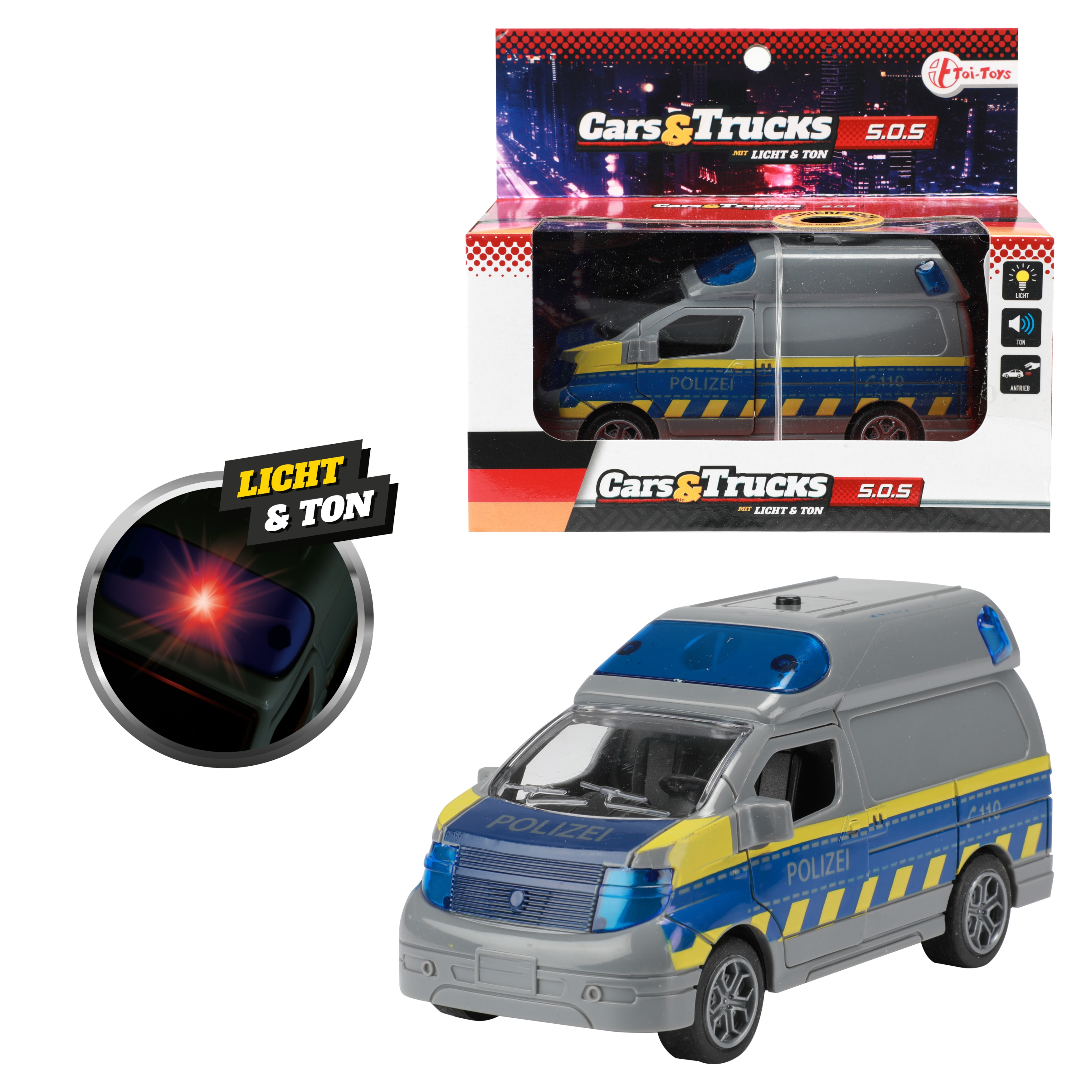 Toi-Toys 23742B - Spielzeugauto - Polizeibus S.O.S mit R&uuml;ckzugsmotor (mit Licht & Ton) Police Polizei - Bild 1
