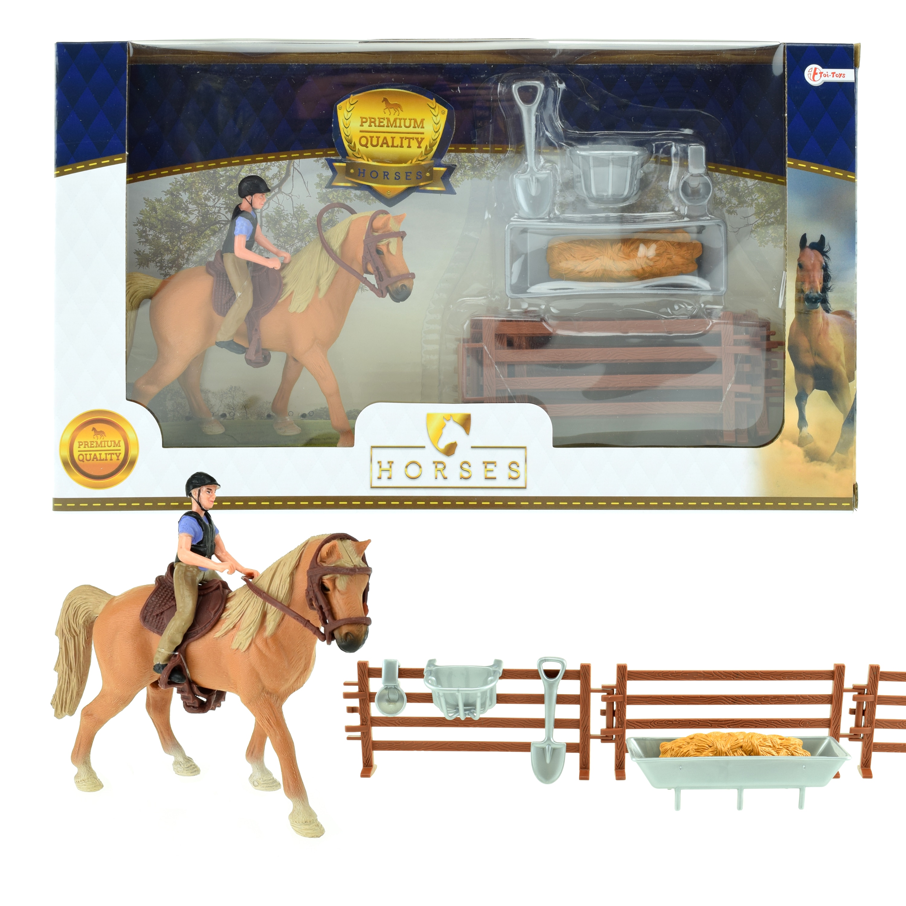Toi-Toys 37160A  - Braunes Pferd mit Reiter und Zubeh&ouml;r Horse Horses Pferdestall Zaun Pferdeset Reiterset - Bild 1