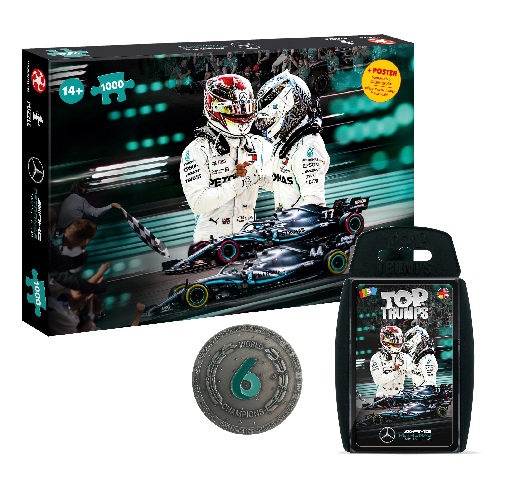Mercedes Formel 1 Spielepaket: Puzzle + Top Trumps Kartenspiel + Sammler-M&uuml;nze f&uuml;r Motorsport-Fans - Bild 1