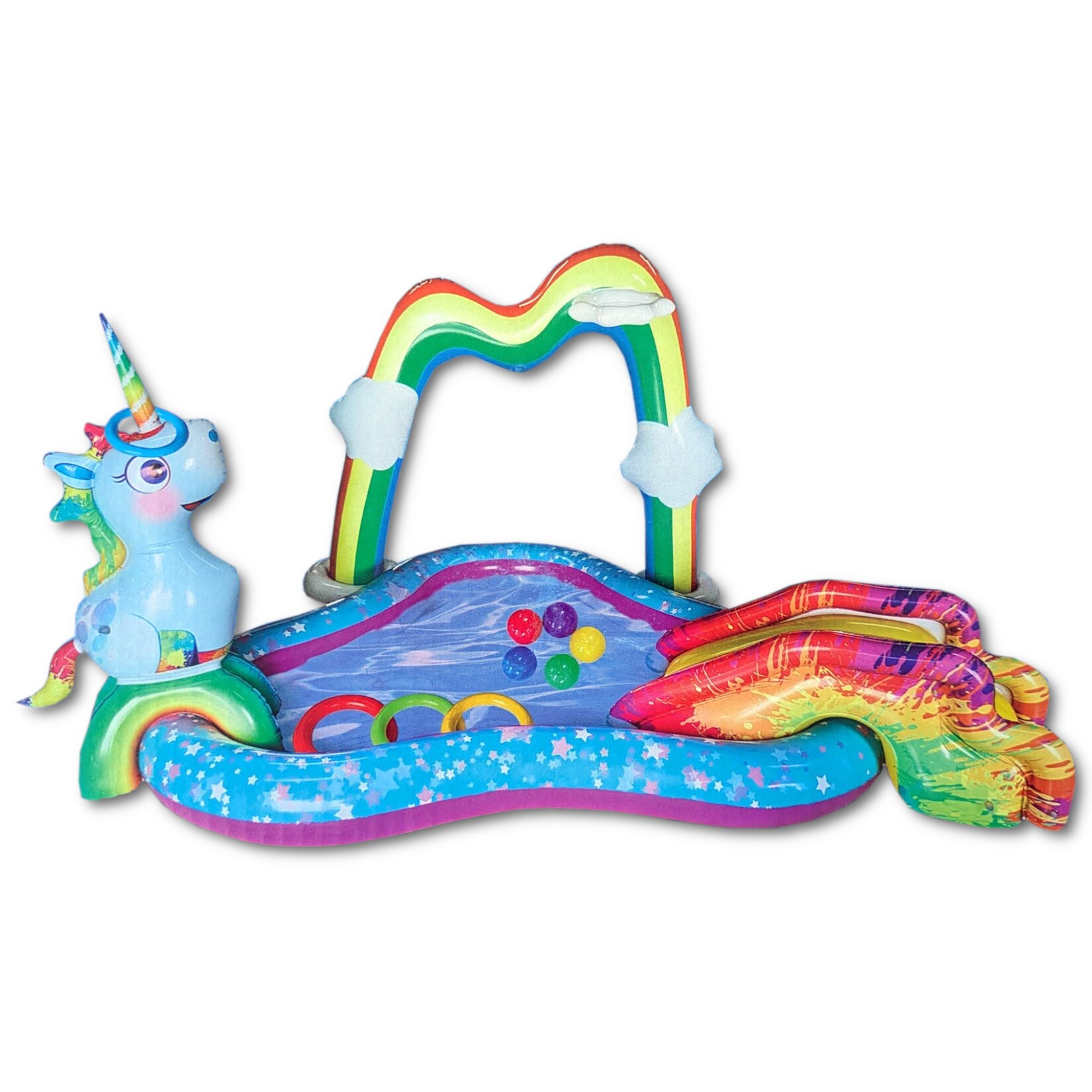 Happy People 77462 – Playcenter – Einhorn mit Rutsche (254x198x145cm) Planschbecken Pool | 04008332774626