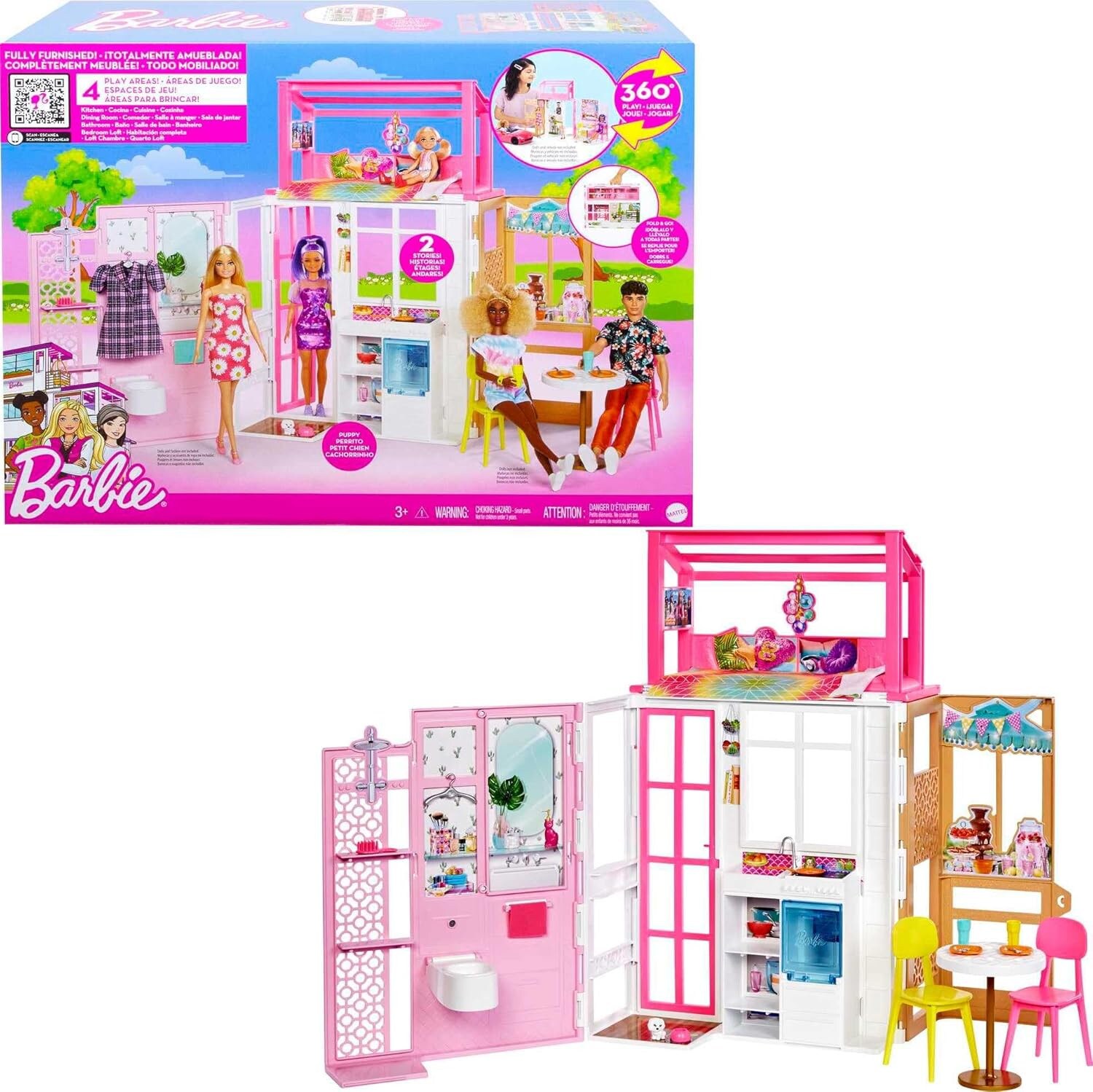 Mattel HCD47 Barbie 2-st&ouml;ckiges m&ouml;bliertes Spielhaus mit Zubeh&ouml;r (ohne Puppen) Puppenhaus Barbiehaus - Bild 1