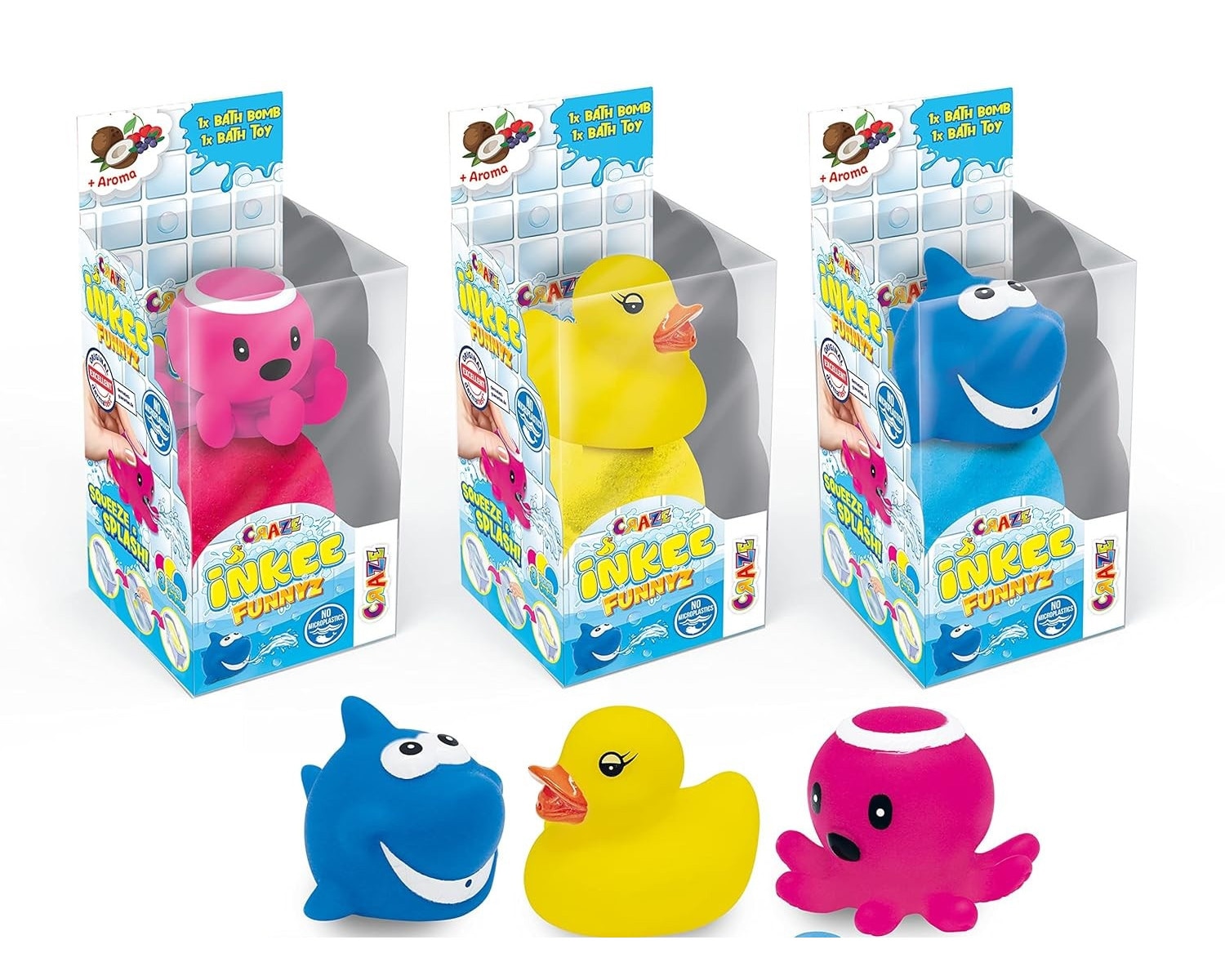 CRAZE 30400 - INKEE Funnyz - Badekugel mit Gummi-Wassertier 3er Pack Badebombe Badezusatz baden - Bild 1