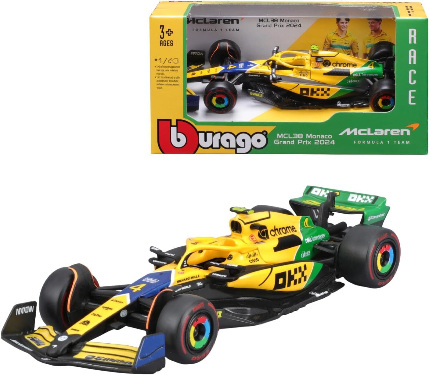 Bburago 18-38214 - Modellauto - F1 MCLaren MCL38 "Monaco (Senna)" #4 Norris, '24 (Ma&szlig;stab 1:43) - Bild 1