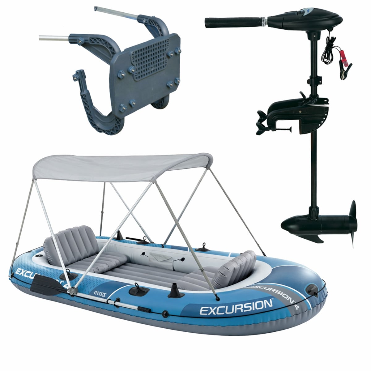 INTEX Schlauchboot Set Excursion 4 mit Motor Paddeln Pumpe Verdeck Paddelboot - Bild 1