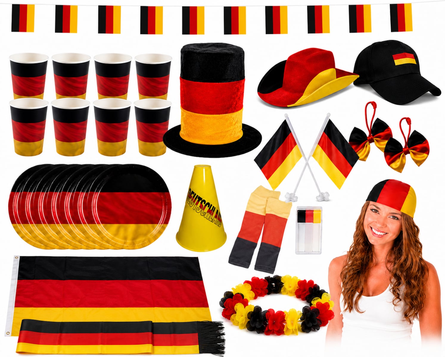 Gro&szlig;es Deutschland Fan-Set (30-teilig) EM WM anfeuern schwarz rot gold Fu&szlig;allparty - Bild 1
