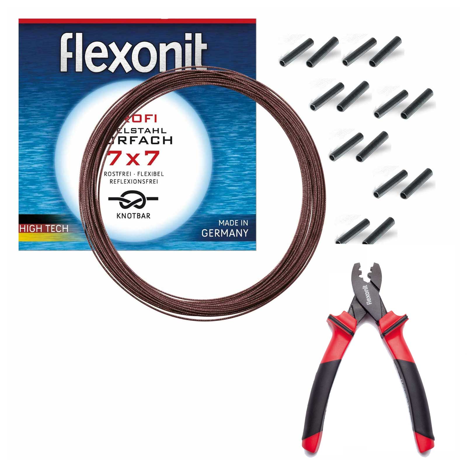 Flexonit 7x7 Stahlvorfach 0,36mm + Quetschh&uuml;lsen + Zange komplett Angelset - Bild 1