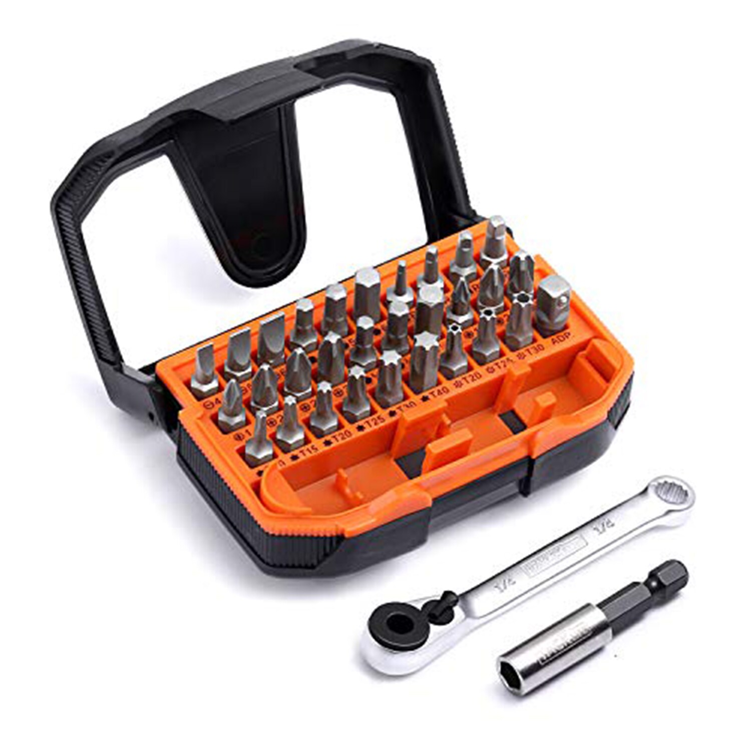 Tacklife HBWS1A 32 teilig. 1/4" Mini-Ratschenschraubendreher-Bit-Satz, inkl. Verl&auml;ngerungsbithalter und Steckdosenadapter, 72-Zahn-Getriebe mit hohem Drehmoment, 30 Multi-Bits f&uuml;r Ratschenschl&uuml;ssel, Schraubendreher oder Bohrmaschine - Bild 1