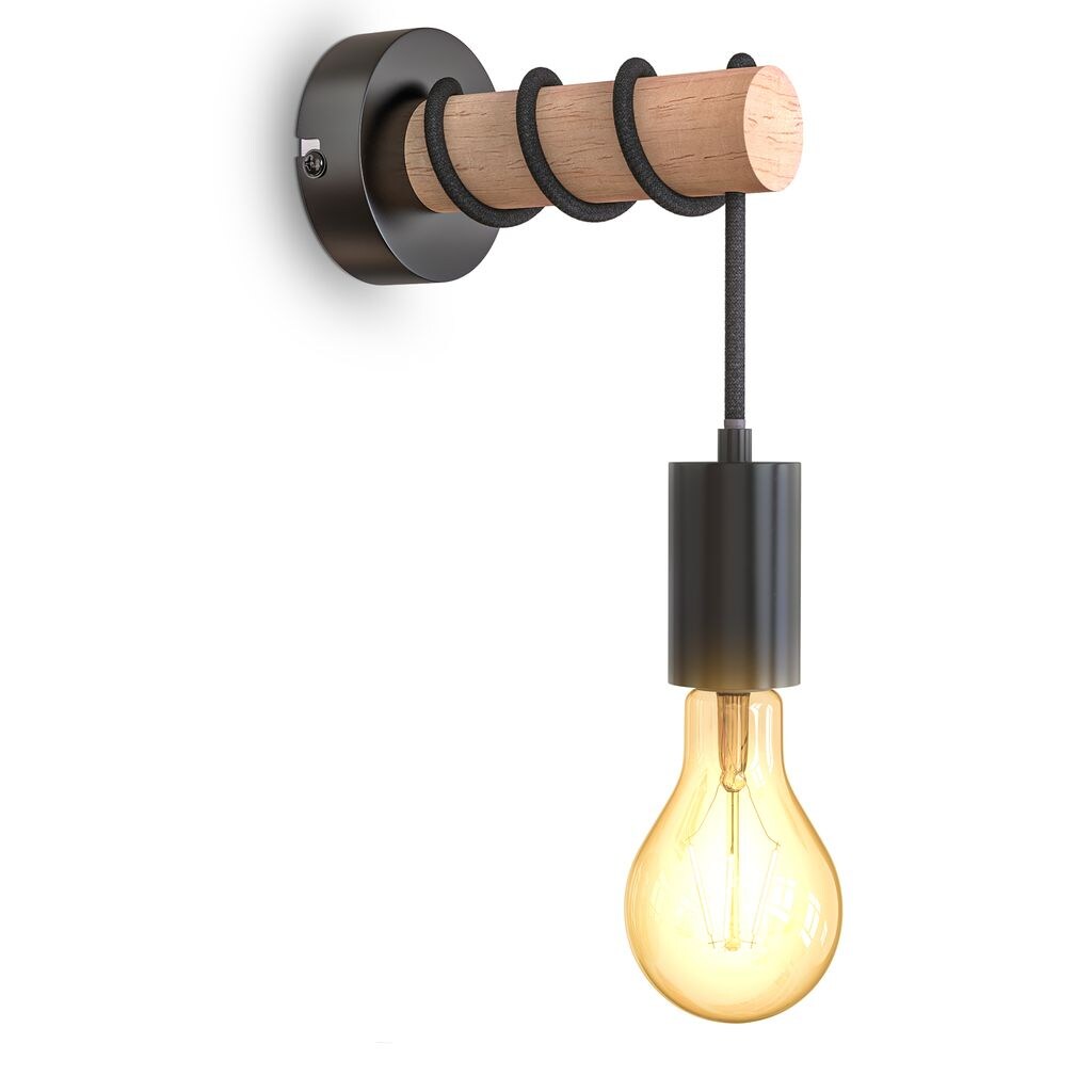Wandleuchte, Metall schwarz,mit Holz,1xE27/max.60W | 04057722005857