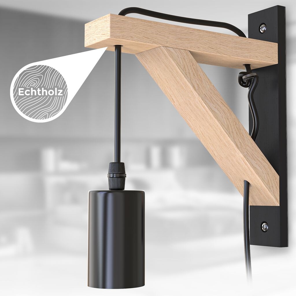 Wandleuchte, Metall schwarz,mit Holz,1xE27/max.40W