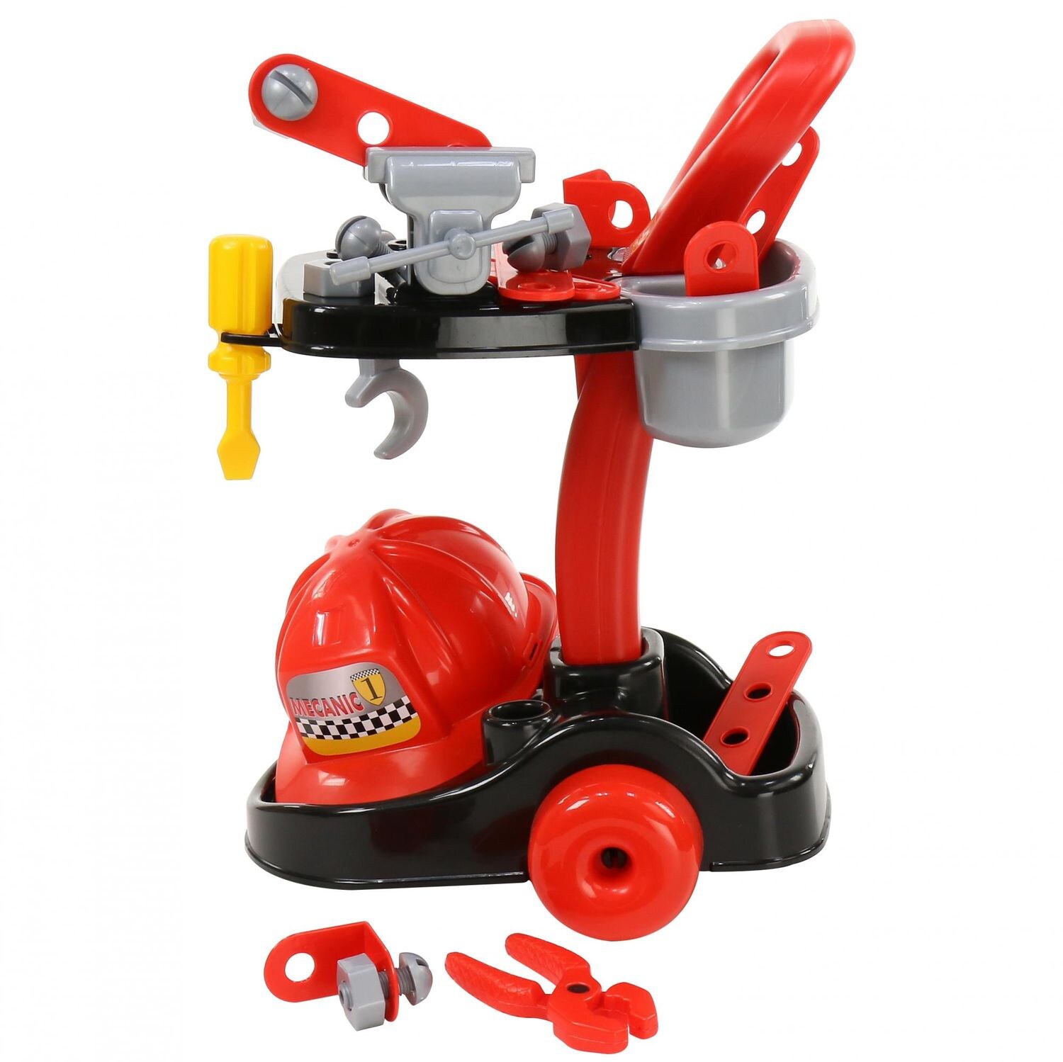 Polesie Kinder Mechaniker-Set 36612 Werkzeugwagen Zange Schraubenzieher Helm rot | 04810344036612