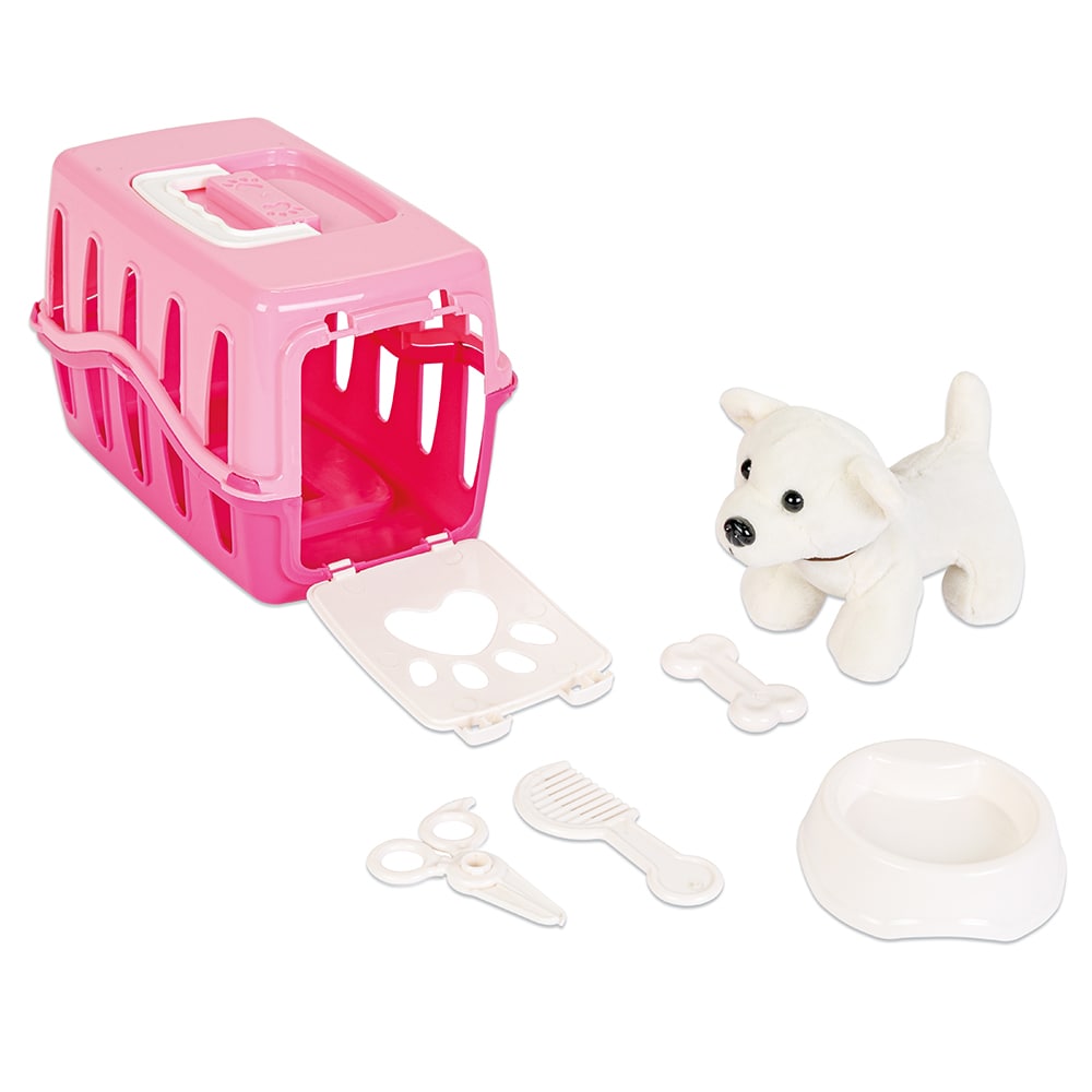 Pilsan 03358 mein erstes Haustier 6-teilig Pl&uuml;schhund Tragek&auml;fig Futternapf Kamm pink - Bild 1