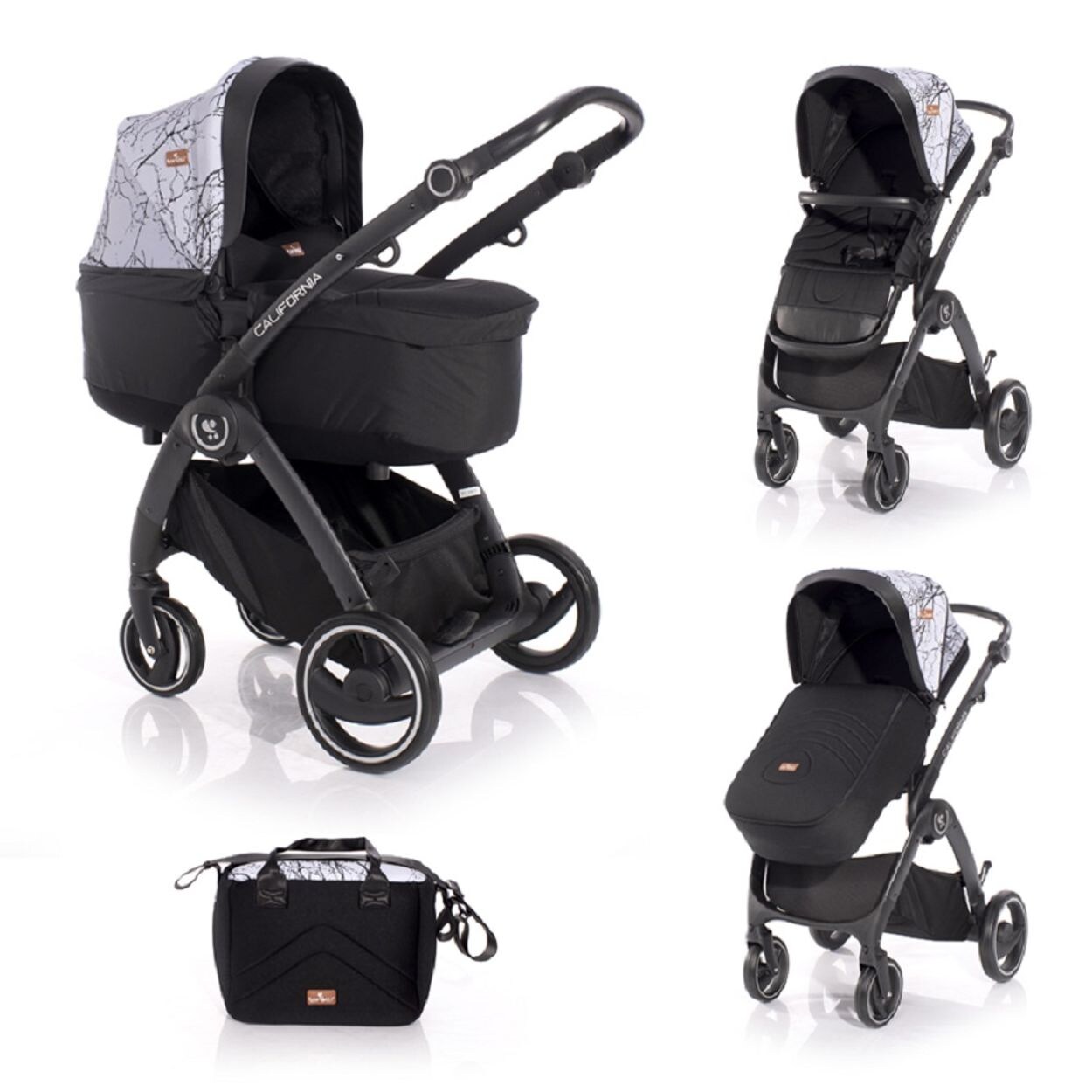 Lorelli Kinderwagen 2 in 1 California Babywanne Sportsitz Alurahmen Wickeltasche grau