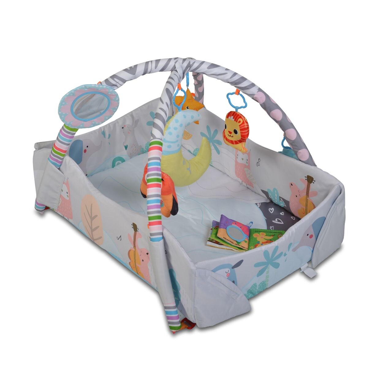 Moni Spielcenter 2 in 1 Oase Krabbeldecke Kissen Spielbogen Spielzeuge Bällebad grau