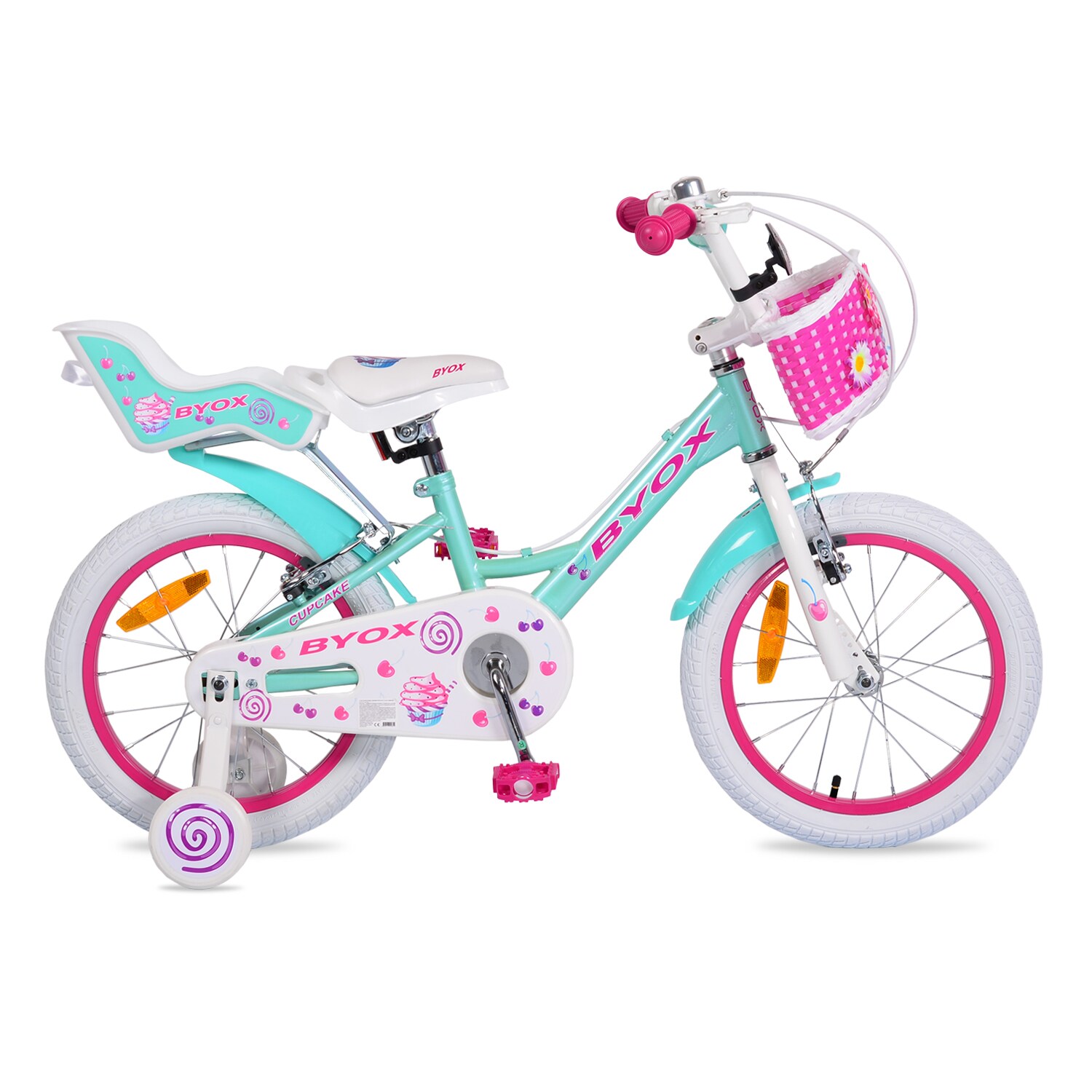Byox Kinderfahrrad 16 Zoll Cupcake, St&uuml;tzr&auml;dern, Puppensitz, Korb, Metallrahmen pink - Bild 1