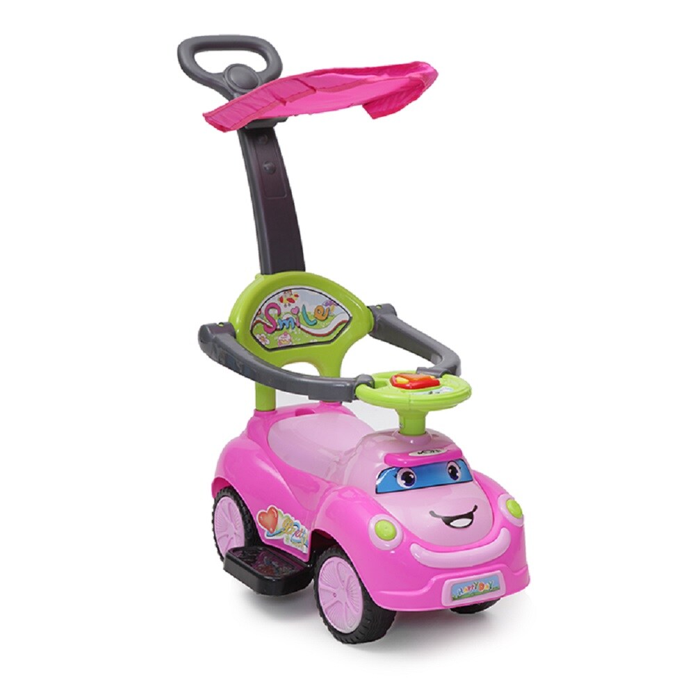 Rutschauto SMILE 3 in 1, Schubstange, Sonnendach, Fußstützen, Sicherheitsbügel rosa