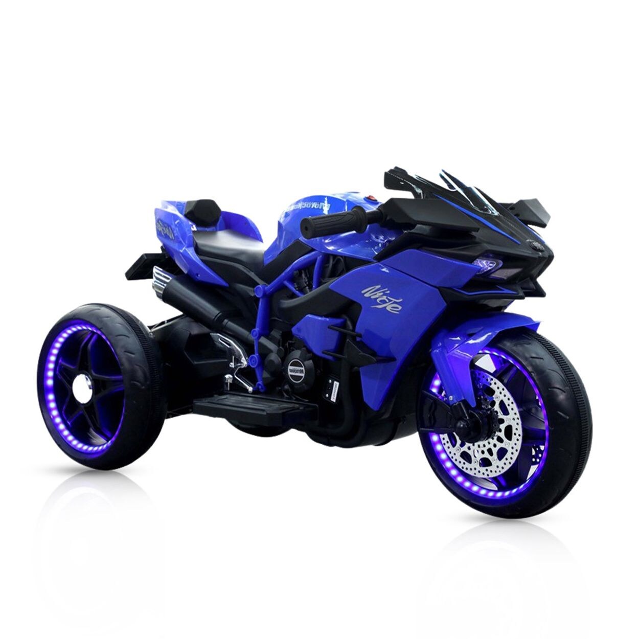 Moni Kinder Elektromotorrad Ninja, drei Kunststoffräder, LED-Beleuchtung, Mp3 blau