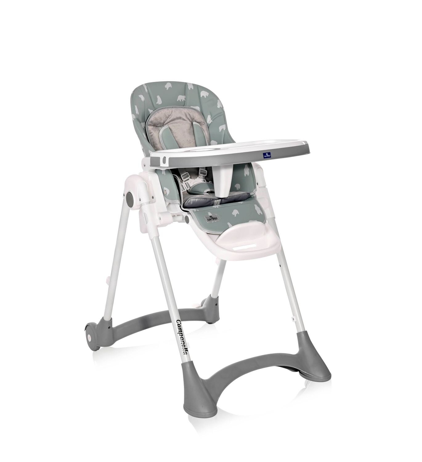 Lorelli Kinderhochstuhl Campanella klappbar Rollen einstellbare Höhe Lehne Gurte blau/Bär | 03800151914877