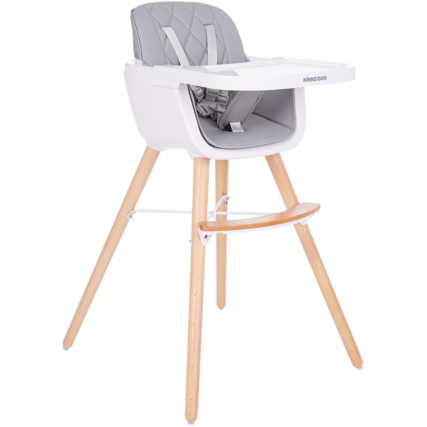 Kikkaboo, Kinderhochstuhl 2 in 1 Woody, Kinderstuhl, Tisch verstellbar, Gurt grau | 03801004010821