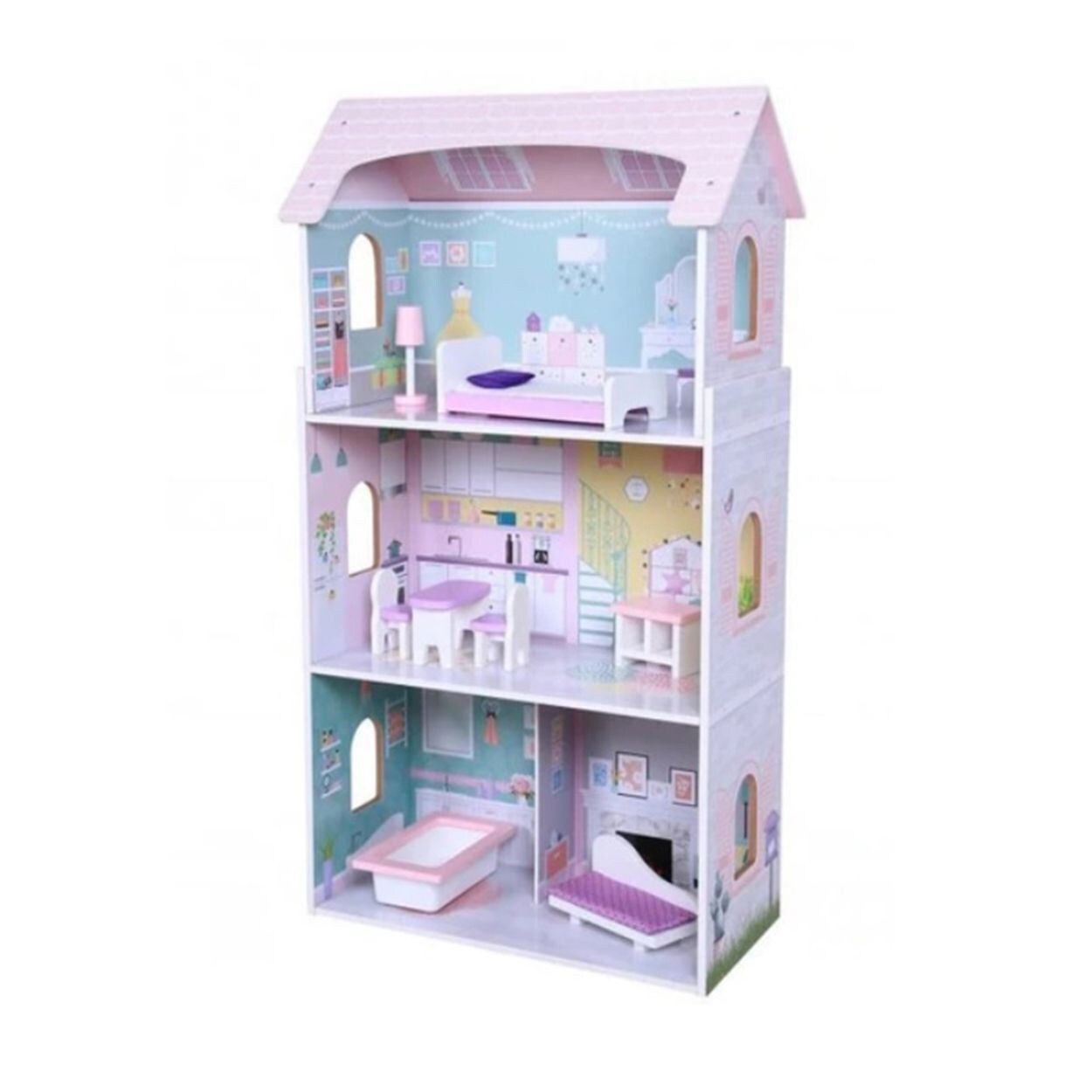 Moni Holz-Puppenhaus Anna 4121, 8-tlg. Möbelset, 3 Etagen, verschiedene Räume rosa