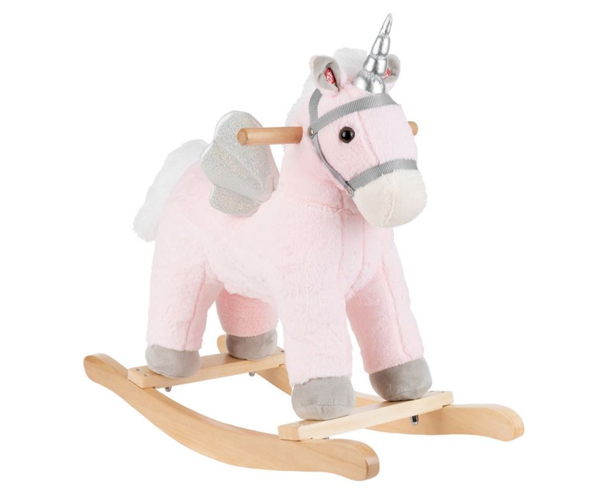 Kikkaboo Schaukeltier Einhorn Pl&uuml;sch Musik Kufen, Sattel, Holzsockel, Steigb&uuml;gel rosa - Bild 1