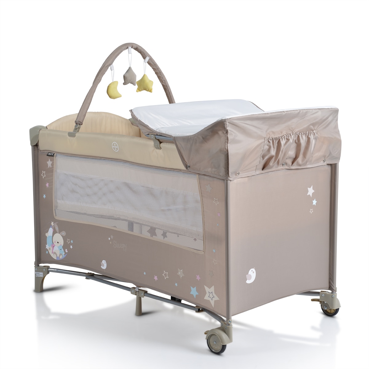Moni Reisebett Sleepy Rollen, Wickelauflage, Matratze, Spielbogen, Seiteneingang beige braun - Bild 1