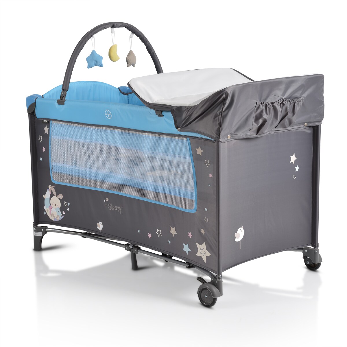 Moni Reisebett Sleepy Rollen, Wickelauflage, Matratze, Spielbogen, Seiteneingang grau-blau - Bild 1