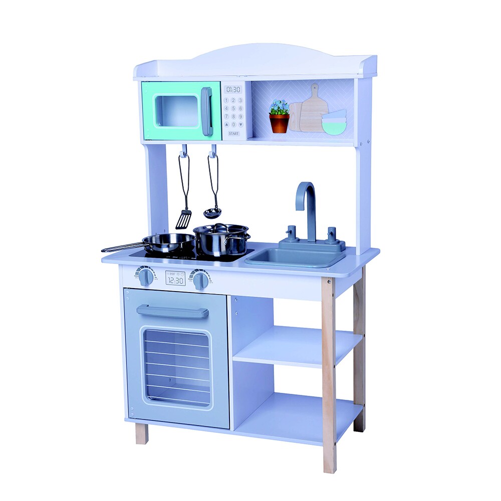 Moni Kinderküche Mila Holz 7256A Backofen 2 Kochplatten Spüle Mikrowelle Regale hellblau | 03800146220365