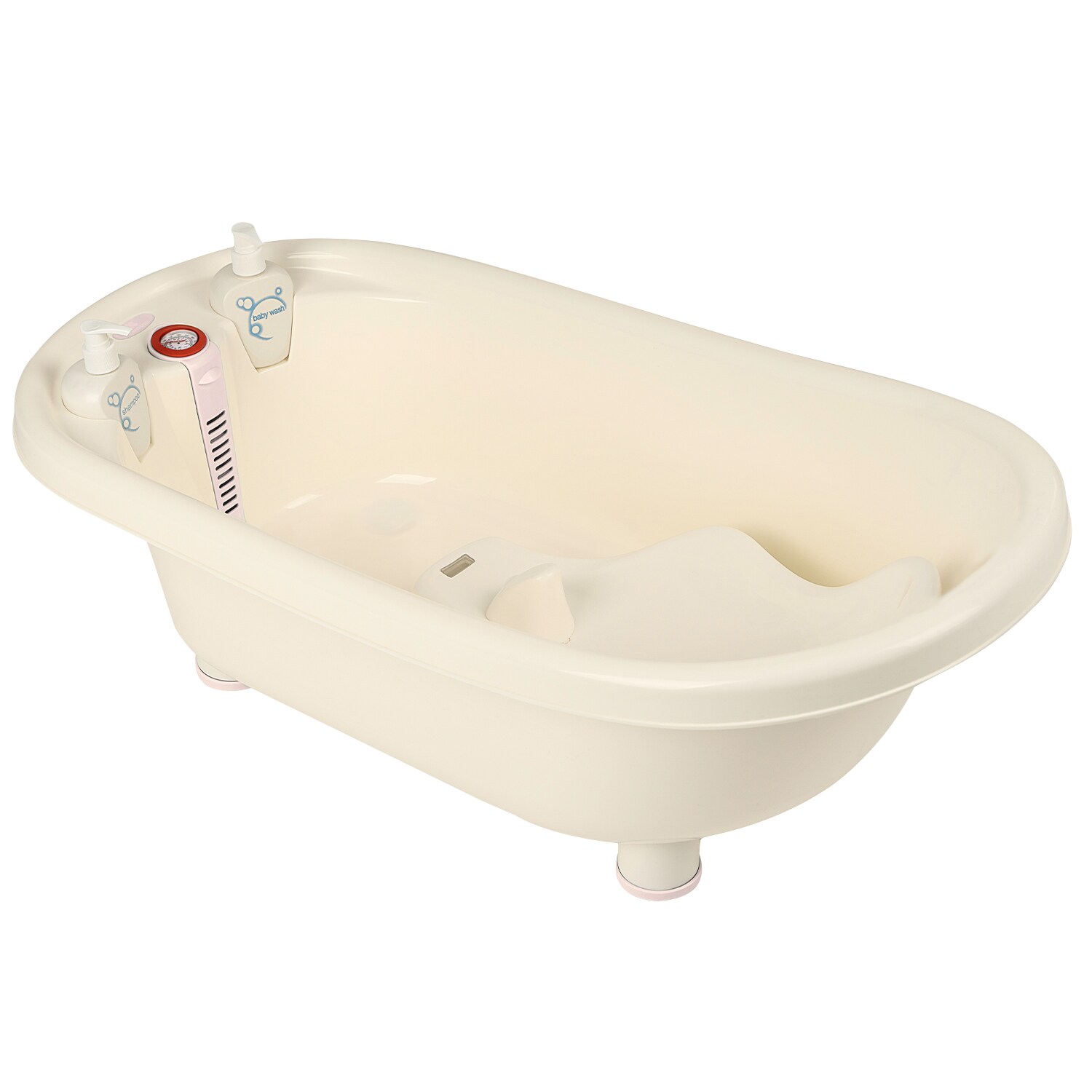Kikkaboo Baby Badewanne Dori Wasserablauf Thermometer Sitz zwei Shampooflaschen rosa