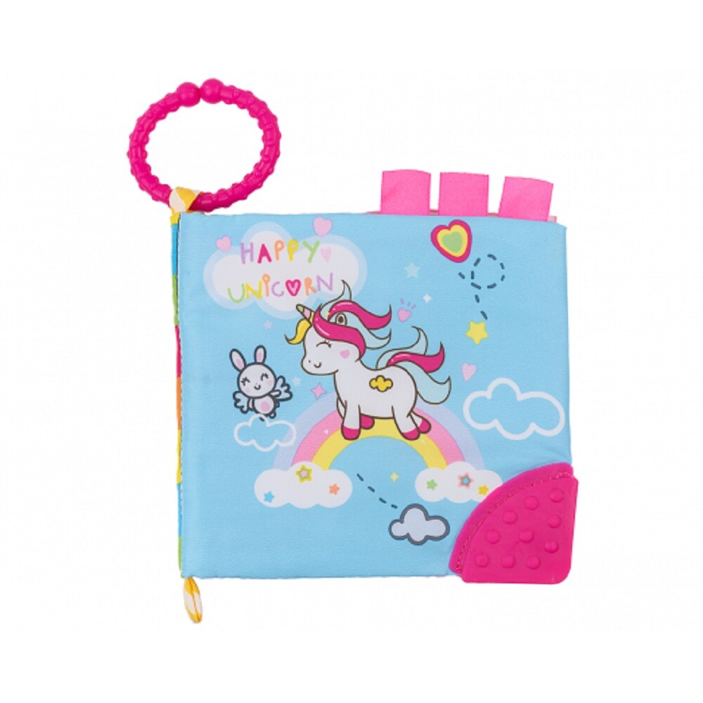 Kikkaboo Baby Stoffbuch Beißring C-Ring Lehrbuch bunte Zahlen Buchstaben Tiere pink | 03801201012093