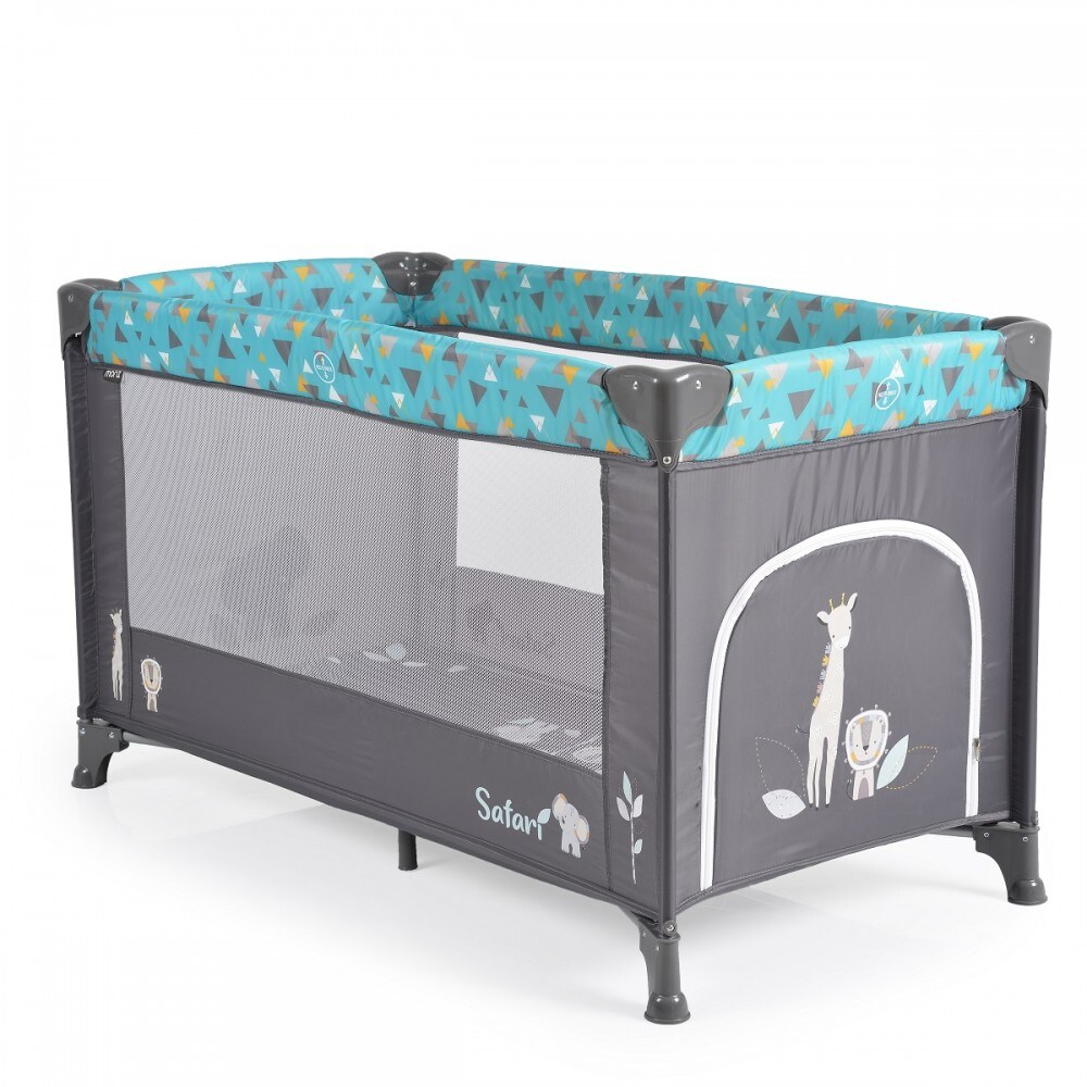 Moni Reisebett, Laufstall Safari Matratze Sichtfenster Seiteneingang Tragetasche grau t&uuml;rkis - Bild 1