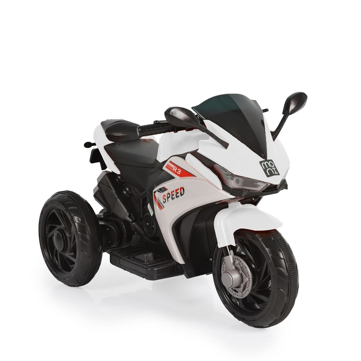 Moni Kinder Elektromotorrad Hurricane drei Räder, Musikfunktion, Rückwärtsgang weiß