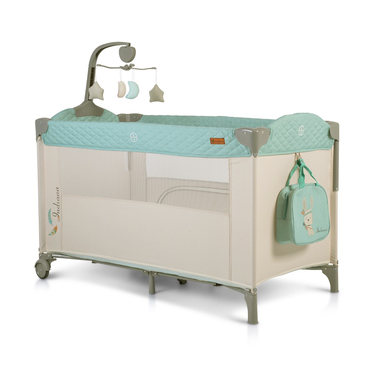 Cangaroo Reisebett Indiana Laufstall zwei Ebenen Matratze Wickeltasche R&auml;der gr&uuml;n - Bild 1
