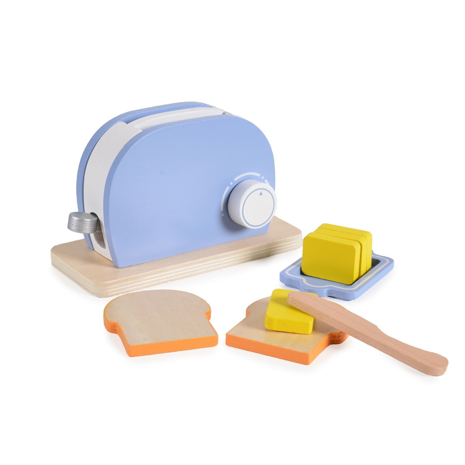 Moni Spielzeug Toaster 4341 Set Holz, Drehknopf, Butter, Messer, Toastscheiben hellblau | 03800146223106