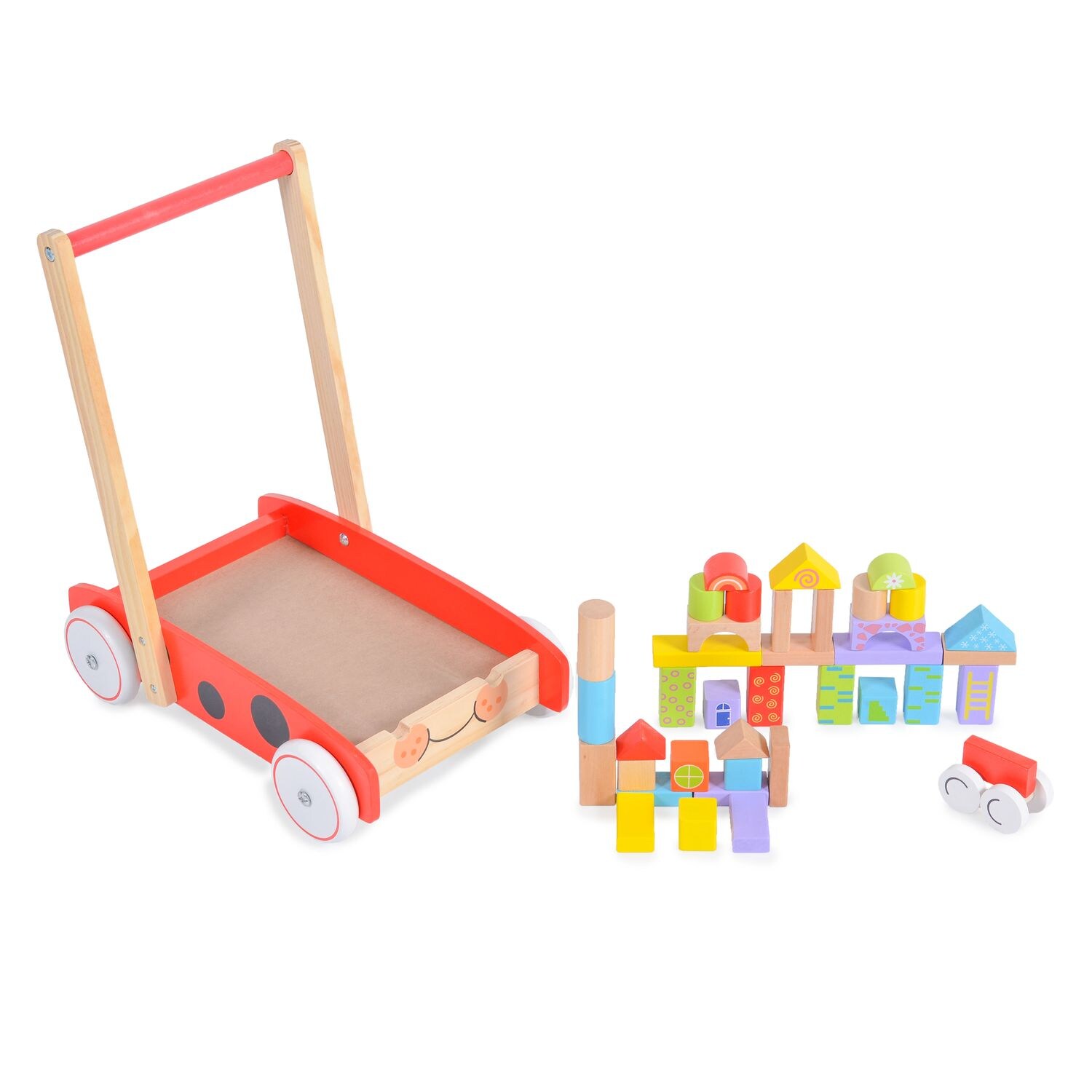 Moni Lauflernwagen Marienkäfer 2112, 40 bunte Holzbauklötze, Laufhilfe aus Holz rot
