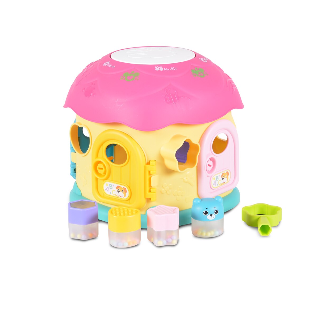 Moni Sortierspiel Steckspiel Pilzhaus Musik Licht Formsortierspiel 4 Formen pink - Bild 1