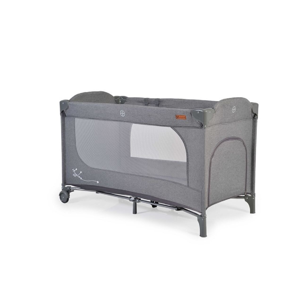 Cangaroo Reisebett Skyglow Laufstall 2 Räder mit Bremsen Matratze Seiteneingang grau