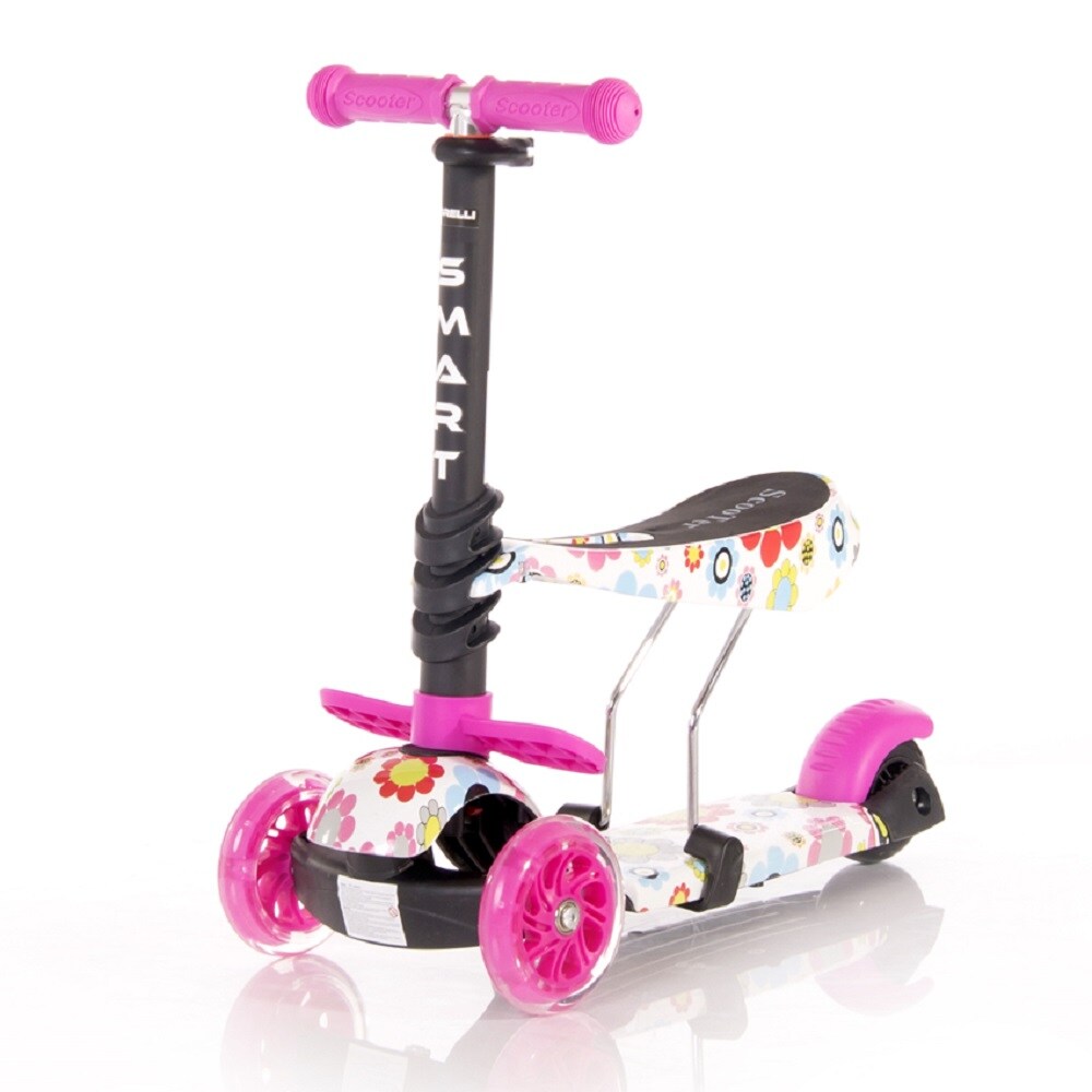 Lorelli Kinderroller Laufrad 2 in 1 Smart PU R&auml;der leuchten klappbar verstellbar rosa Blumen - Bild 1