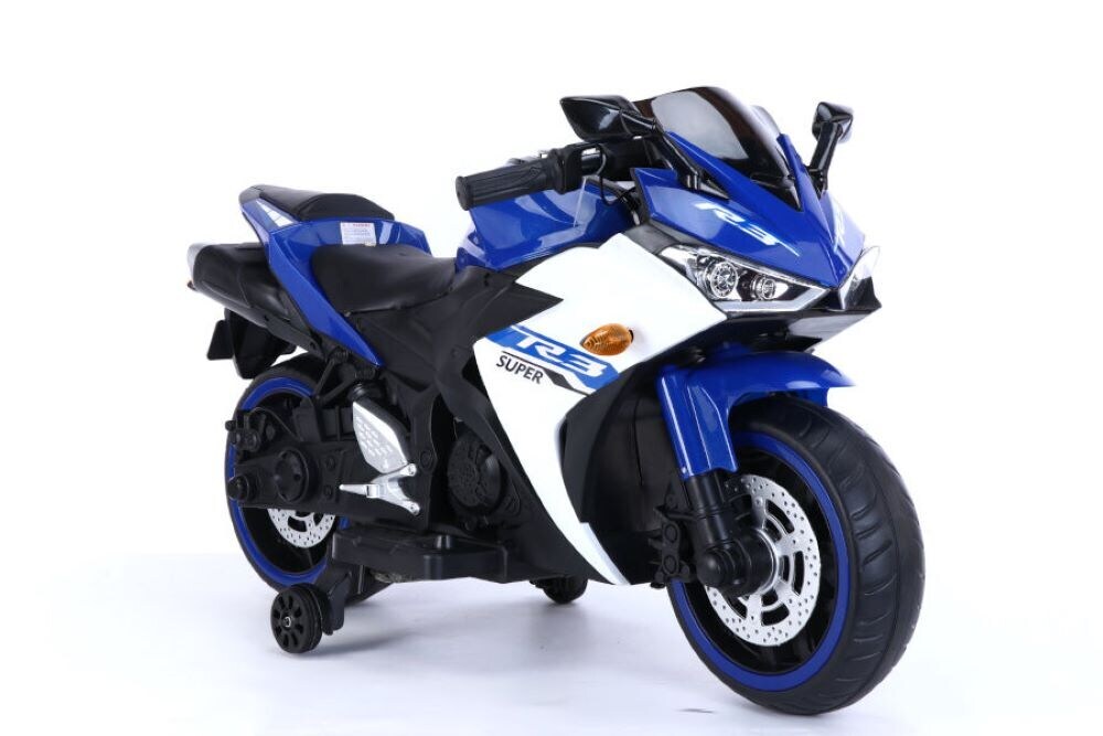 ES-Toys Kinder Elektromotorrad 888 Musikfunktion, Stützräder, LED-Scheinwerfer blau