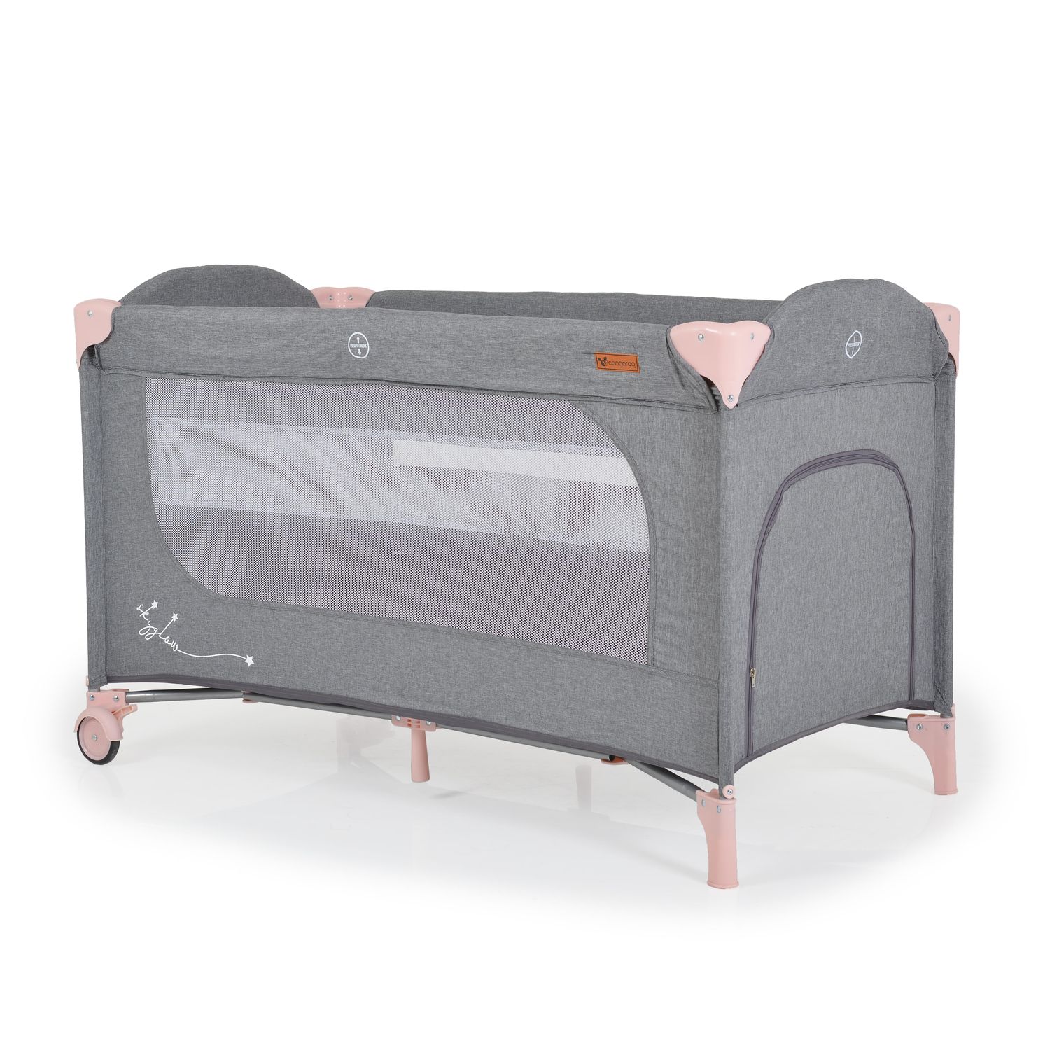Cangaroo Reisebett Skyglow 2 Ebenen R&auml;der Matratze Seiteneingang Tasche Bremsen rosa - Bild 1