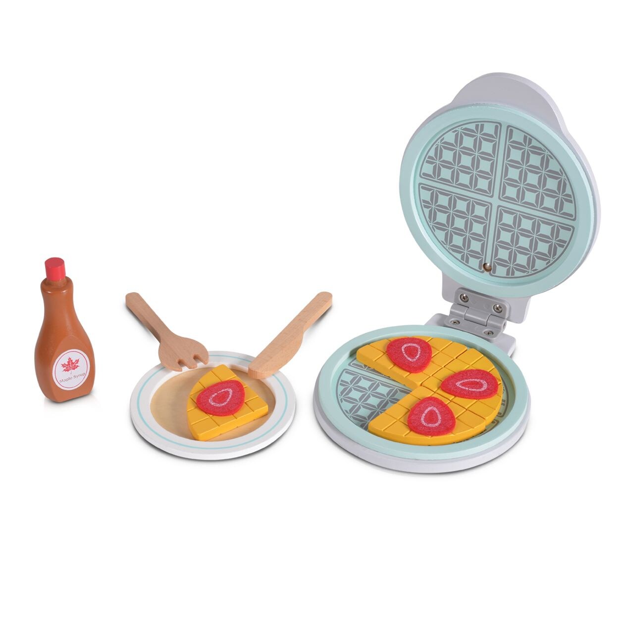 Moni Spielzeug Waffeleisen Holz 4334 Waffelstücke Holzmesser Gabel Teller Sirup bunt