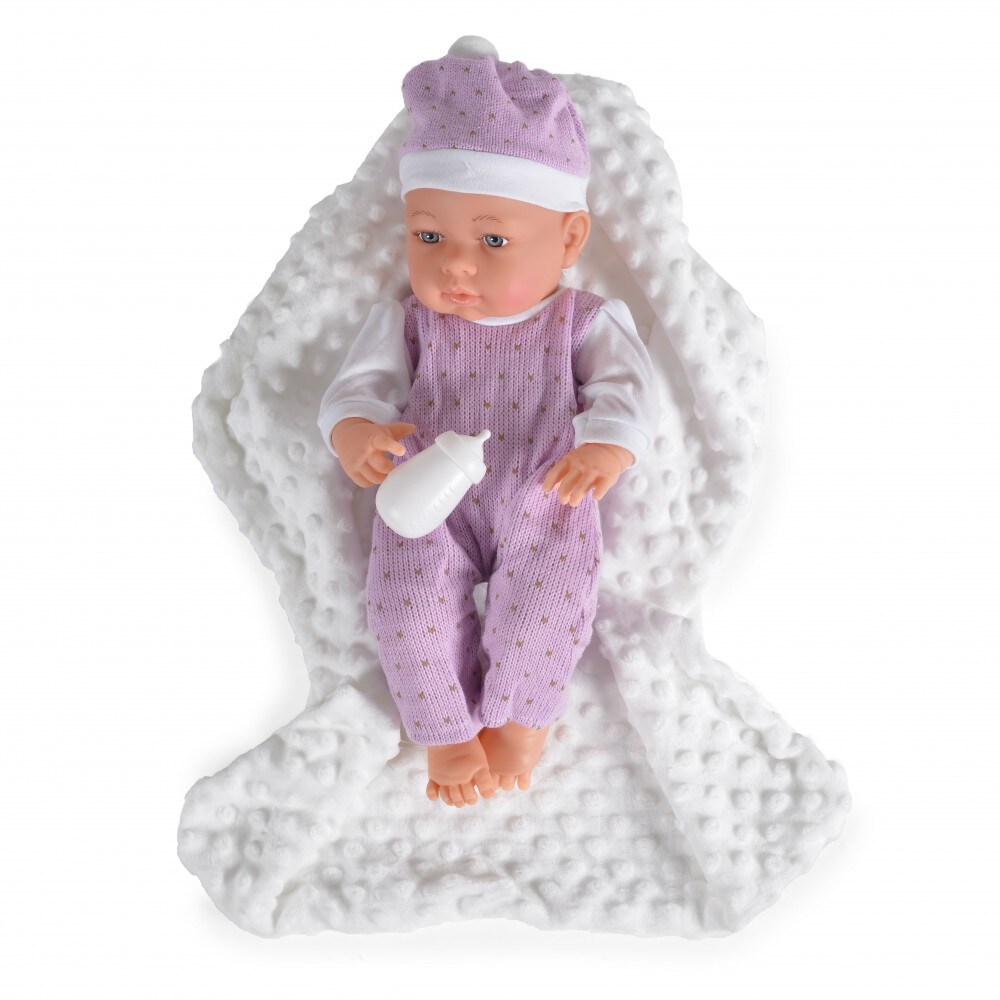 Moni Kinderpuppe 41 cm 9303, Kuscheldecke, Trinkflasche, Babypuppe, Set 3-teilig lila - Bild 1