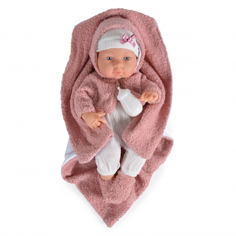 Moni Kinderpuppe 41 cm 9300, Jäckchen, Trinkflasche, Kuscheldecke, ab 3 Jahren rosa | 03800146222185